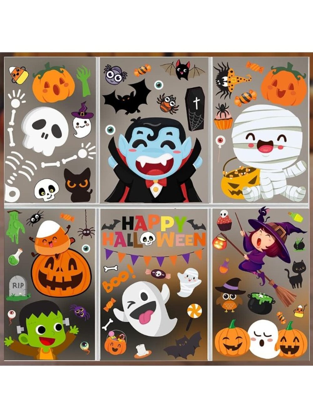 6 Sheet Window Clings Cute Halloween Stickers and Decals for Kids Decorations